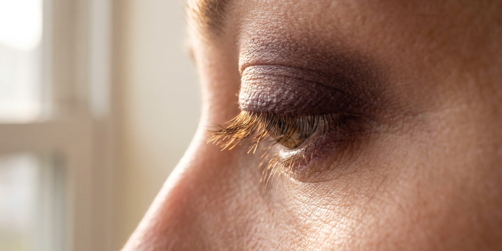 Macro d'une ligne de cils naturels sans maquillage, rétroéclairée par la lumière du matin