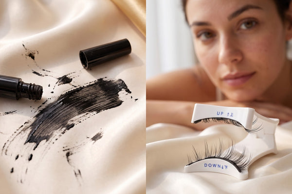 Comparaison entre un eyeliner magnétique salissant et l'applicateur à clip blanc et propre de Cléolya