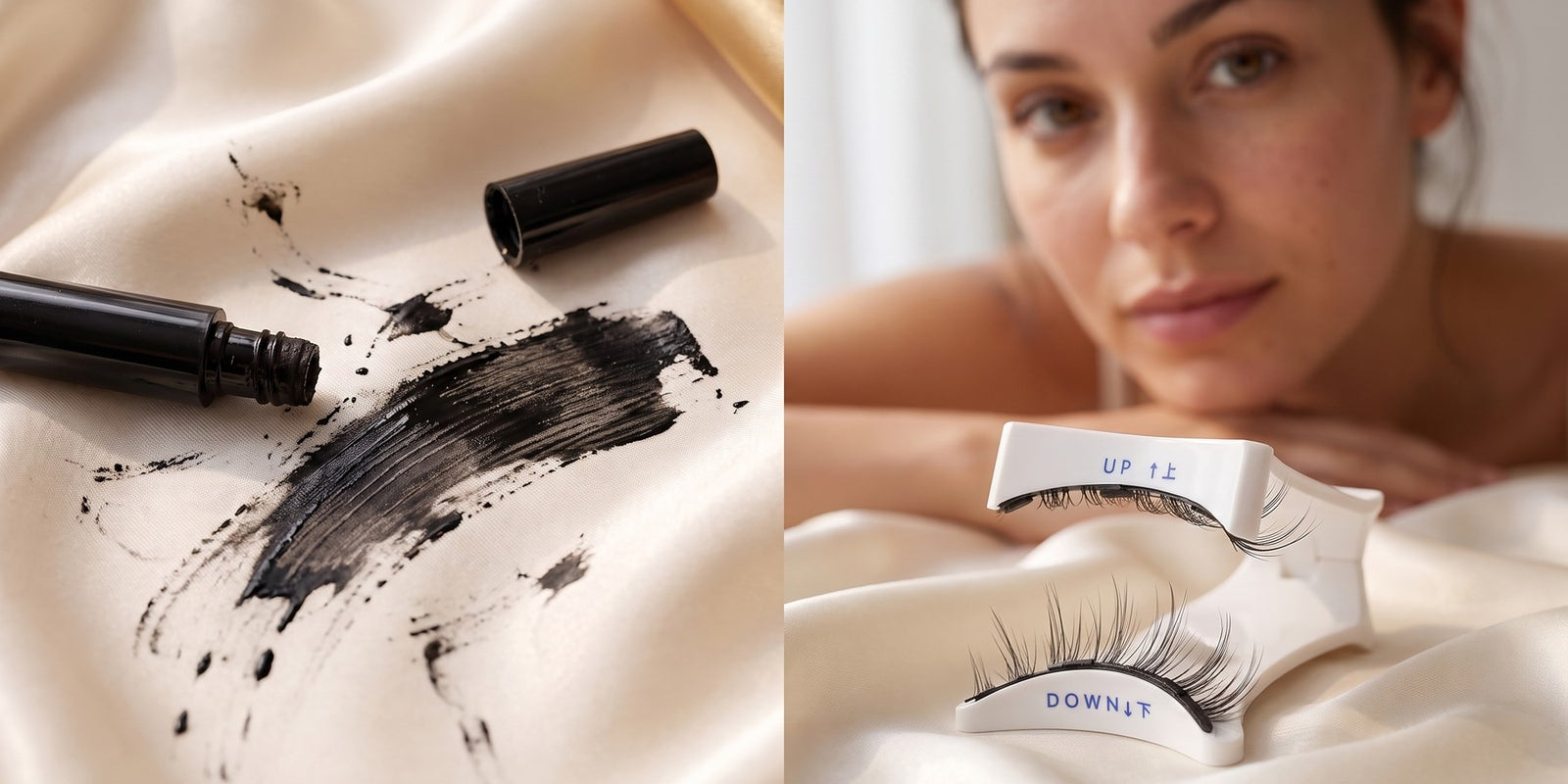 Comparaison entre un eyeliner magnétique salissant et l'applicateur à clip blanc et propre de Cléolya