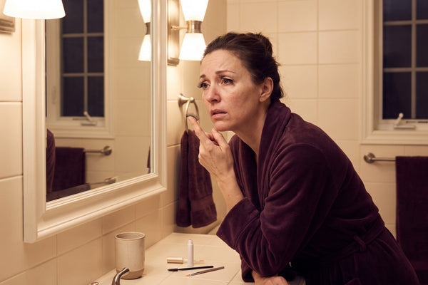 Femme frustrée devant son miroir, une bande de faux cils à colle collée de travers