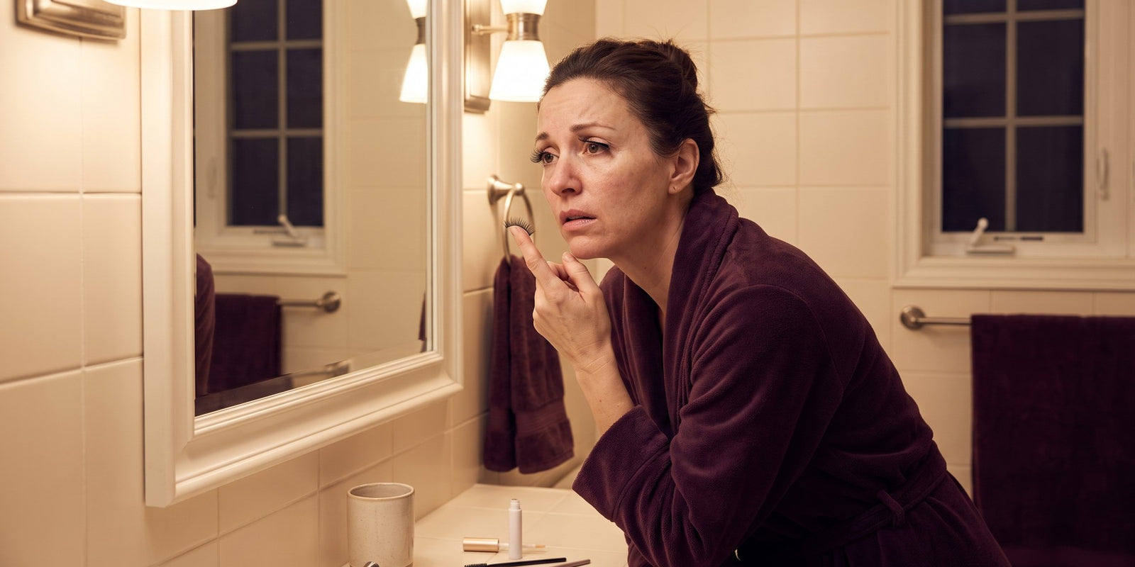 Femme frustrée devant son miroir, une bande de faux cils à colle collée de travers