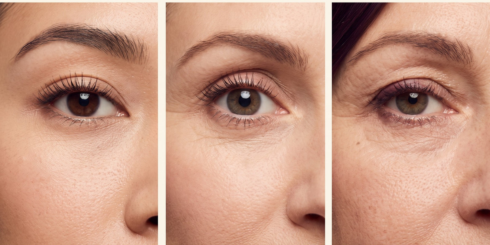 Trois gros plans d'yeux de femmes différentes montrant trois formes d'yeux — guide morpho des cils magnétiques Cléolya