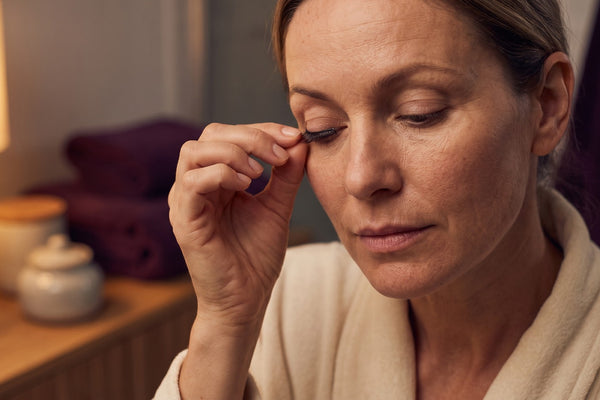 Femme qui retire délicatement une bande de faux cils le soir, sans tirer, pour ne pas abîmer ses vrais cils