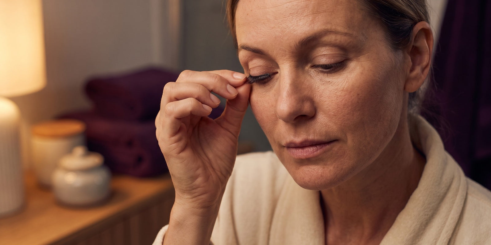 Femme qui retire délicatement une bande de faux cils le soir, sans tirer, pour ne pas abîmer ses vrais cils