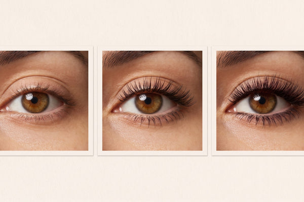 Trois gros plans du même œil montrant les styles Simple, Naturel et Complet de cils magnétiques Cléolya