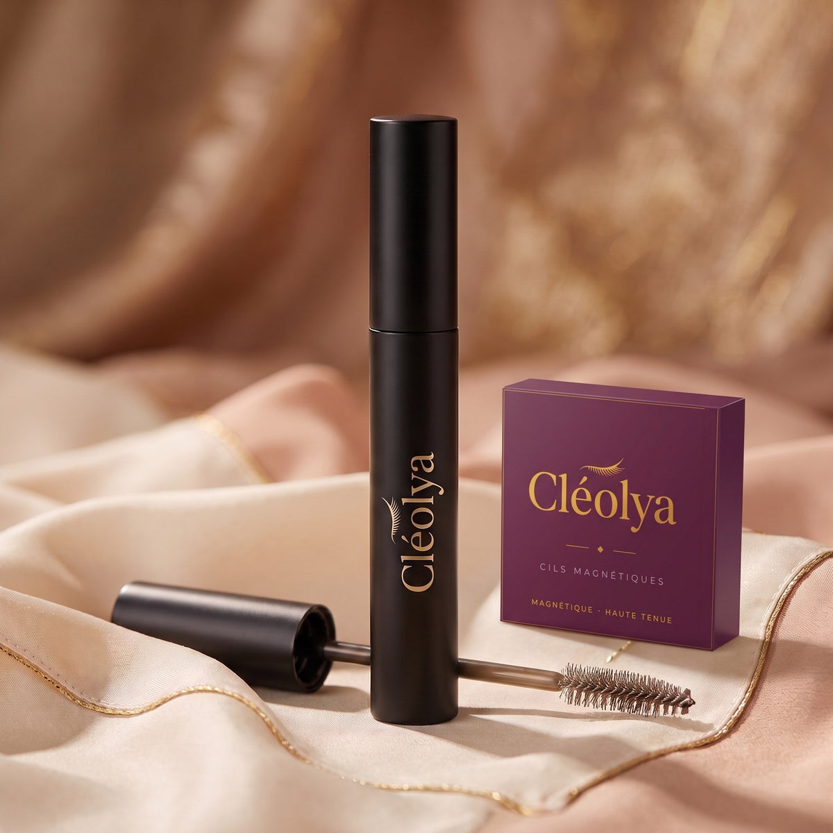 Mascara Cléolya et boîte de cils magnétiques Cléolya sur satin