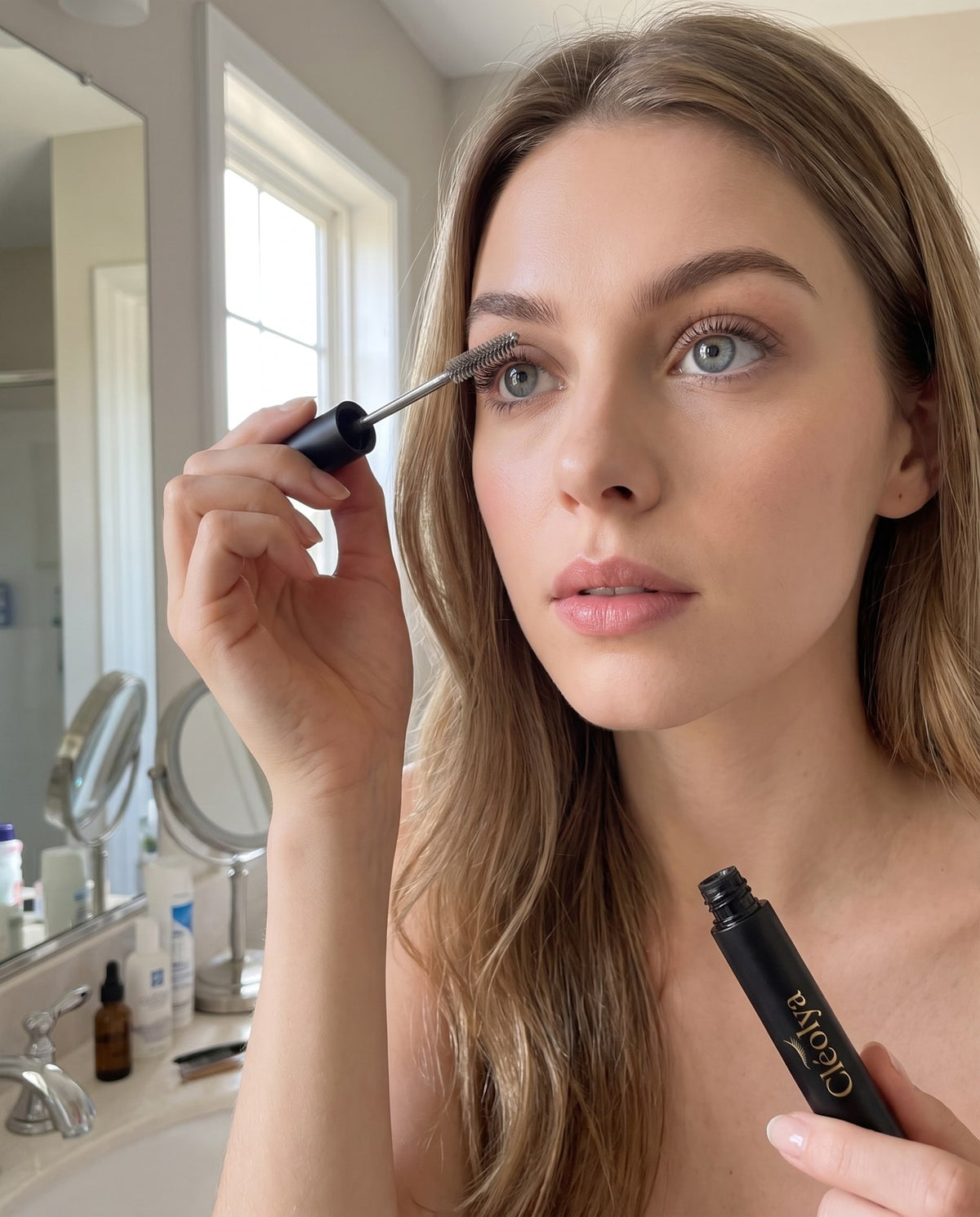 Application du mascara Cléolya à la racine des cils avec la brosse métallique fine