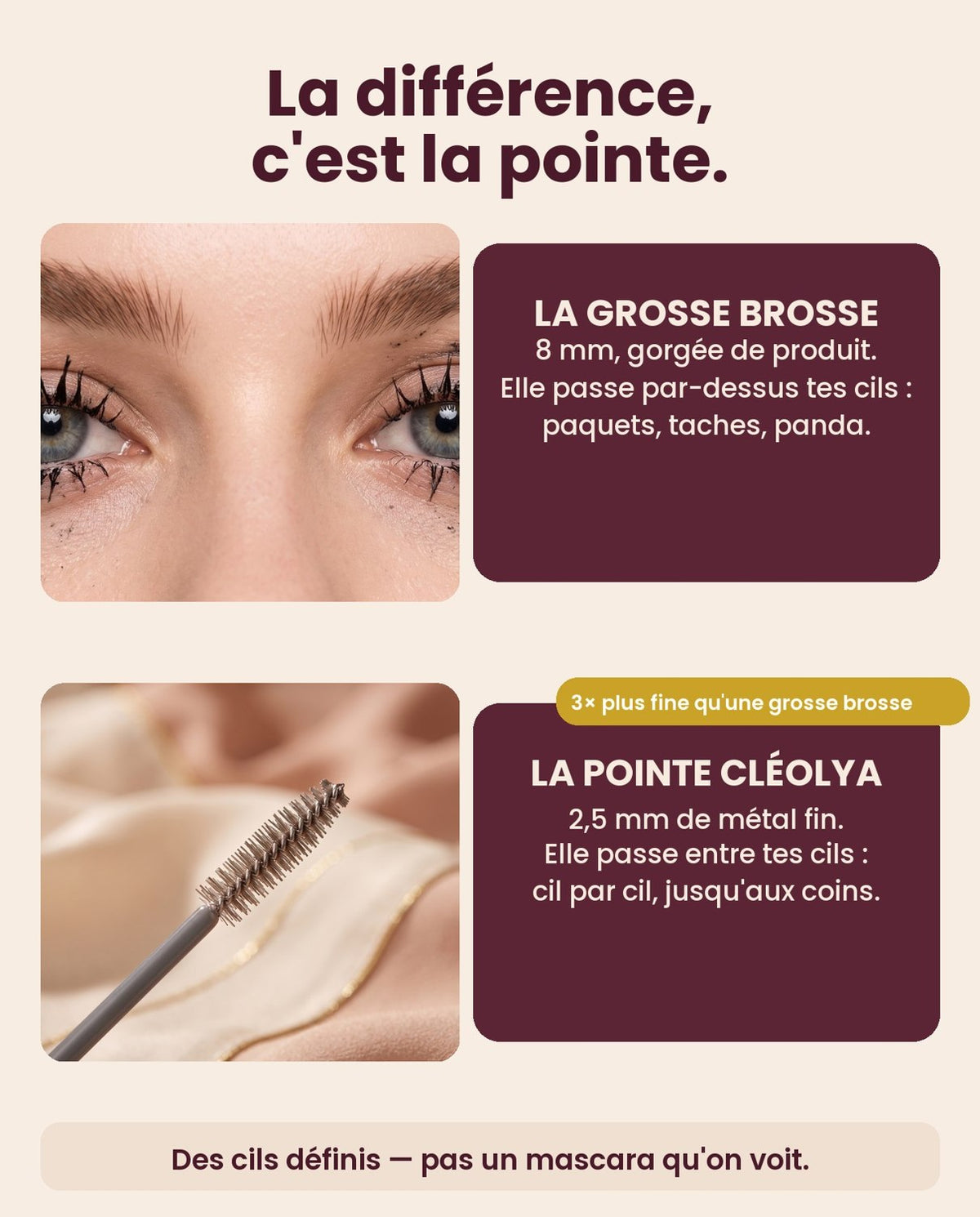 Comparaison : grosse brosse classique contre pointe fine métallique Cléolya de 2,5 mm