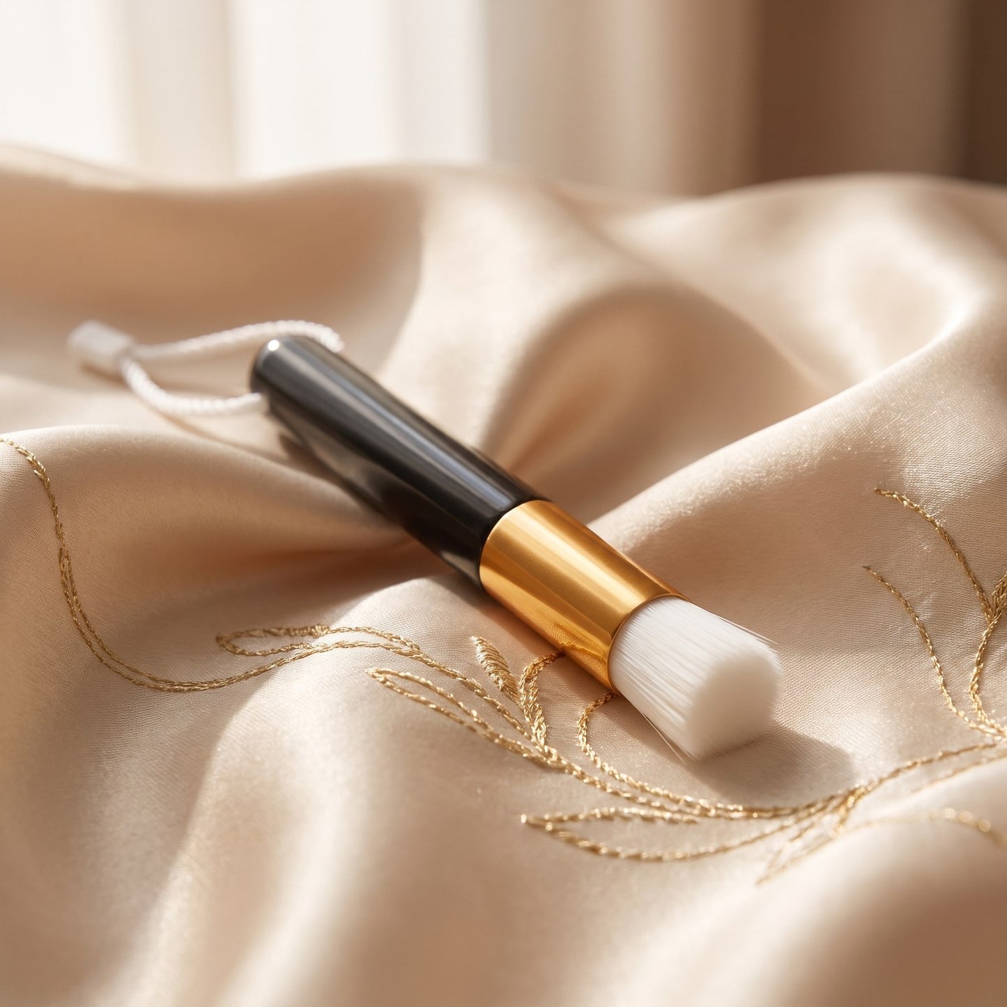 Pinceau nettoyant Cléolya noir et or sur satin champagne