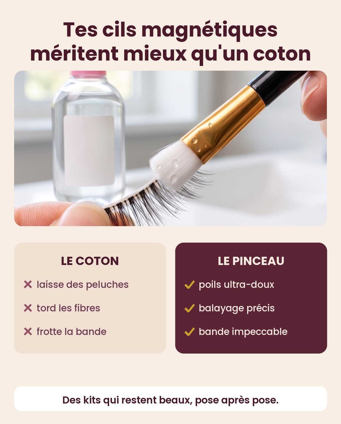 Comparaison coton contre pinceau nettoyant pour l'entretien des cils magnétiques