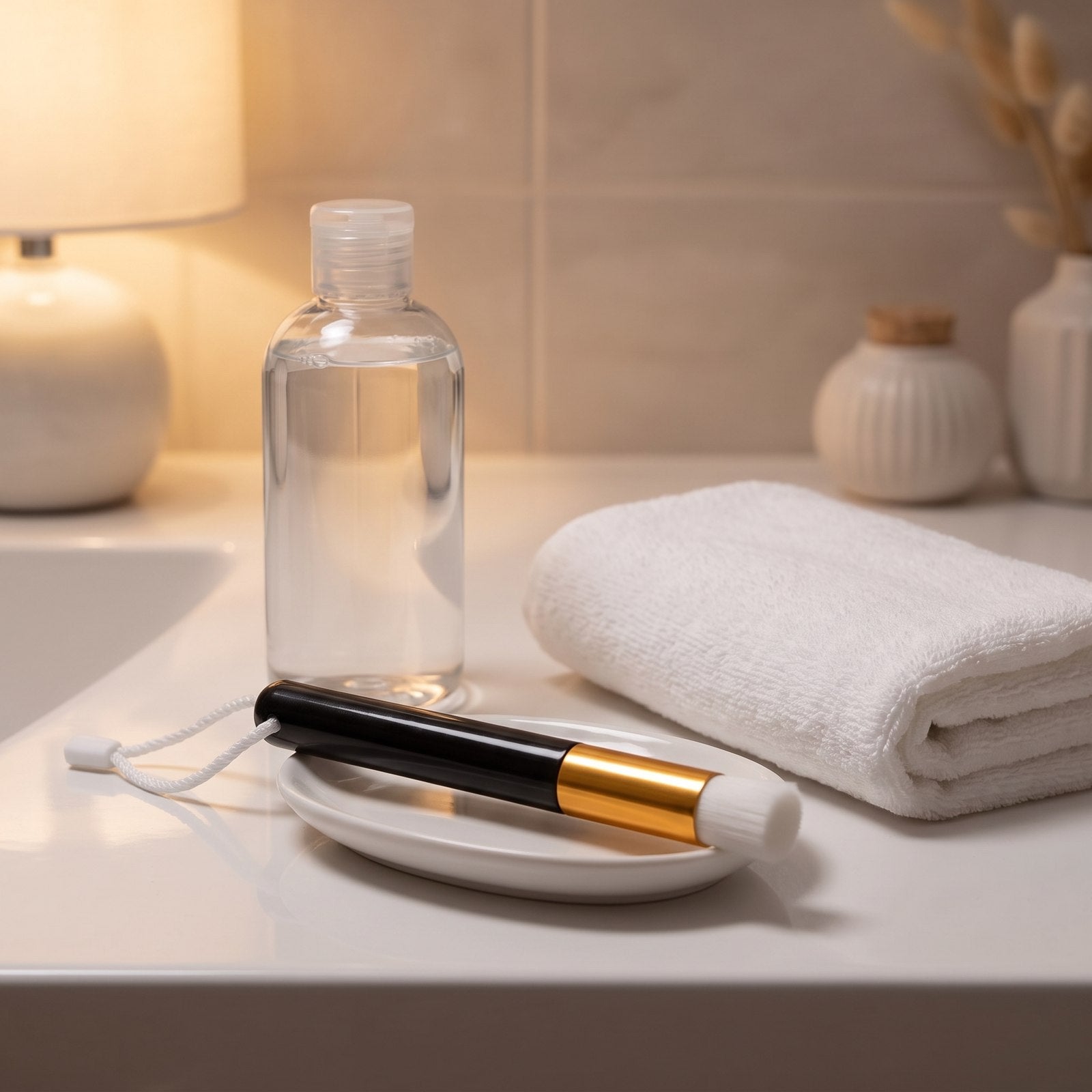 Rituel du soir : pinceau nettoyant Cléolya, eau micellaire et serviette