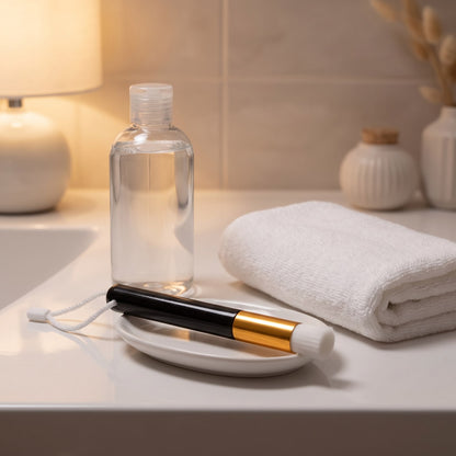 Rituel du soir : pinceau nettoyant Cléolya, eau micellaire et serviette