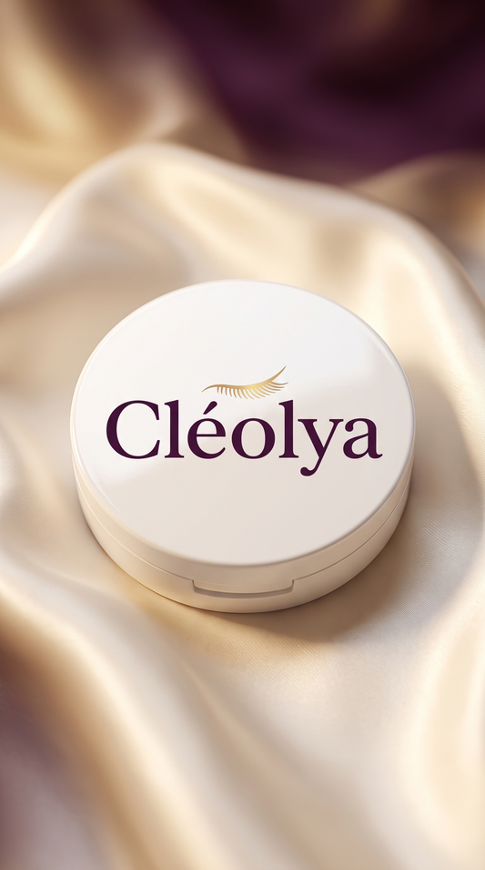 Compact rond blanc Cléolya avec logo doré — cils magnétiques sans colle réutilisables