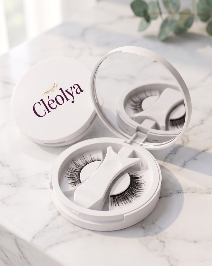 Compact Cléolya ouvert sur marbre : miroir, cils magnétiques et applicateur