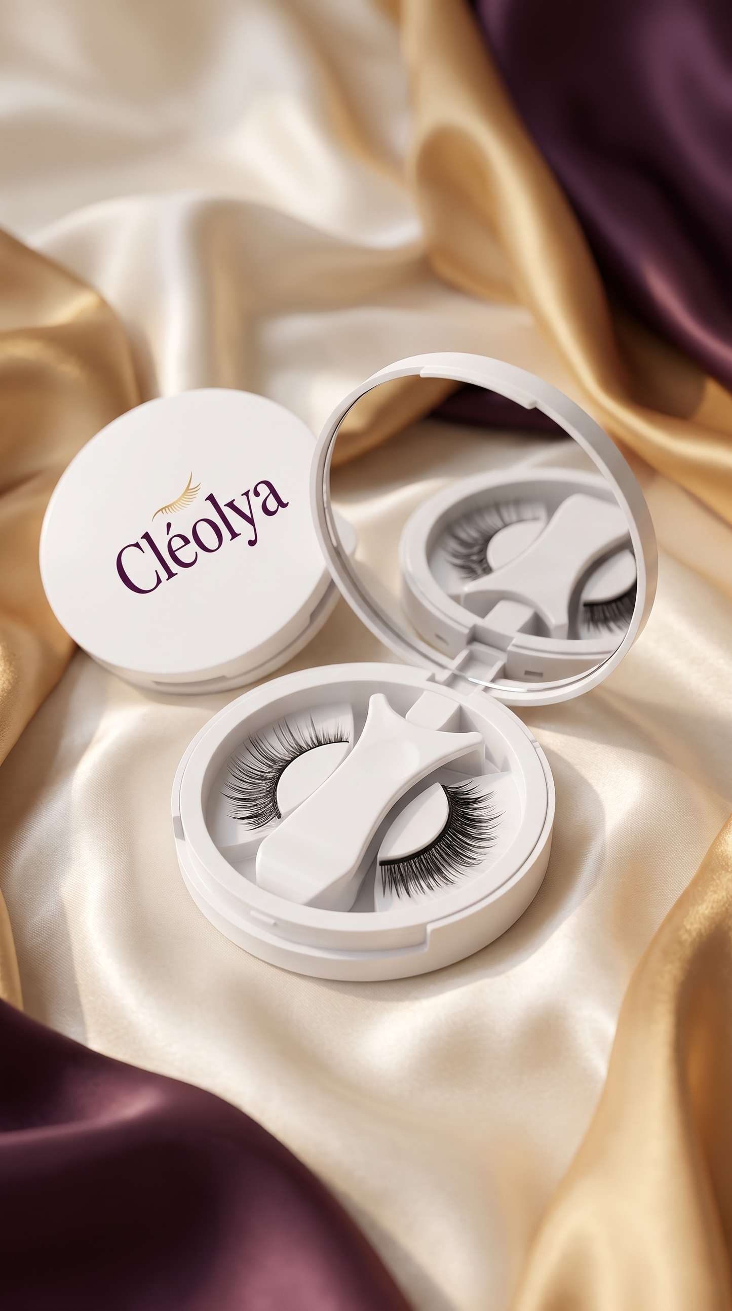 Compact Cléolya ouvert : miroir, deux styles de cils magnétiques et applicateur
