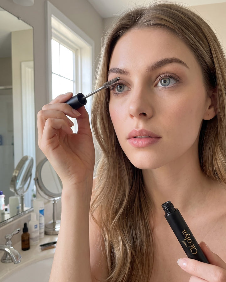 Application du mascara Cléolya à la racine des cils avec la brosse métallique fine