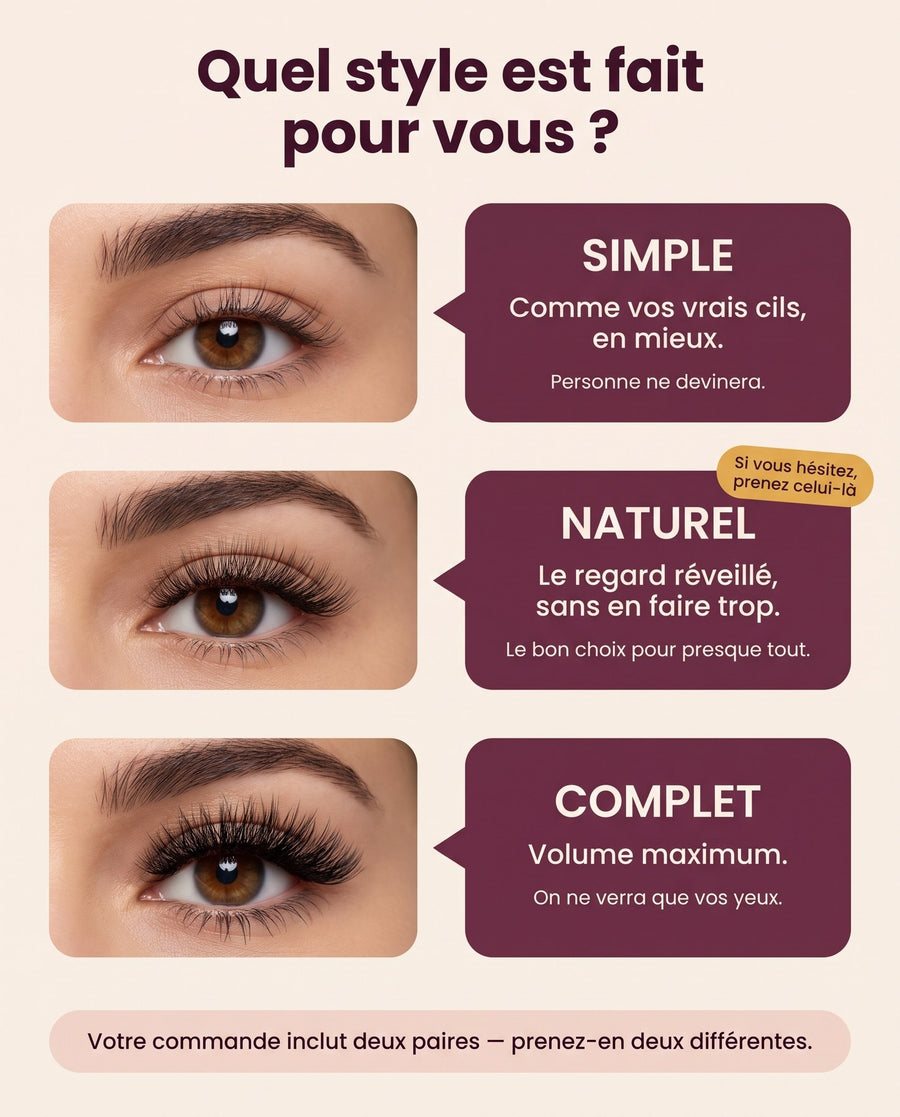 Les trois styles de cils Cléolya : Simple, Naturel, Complet